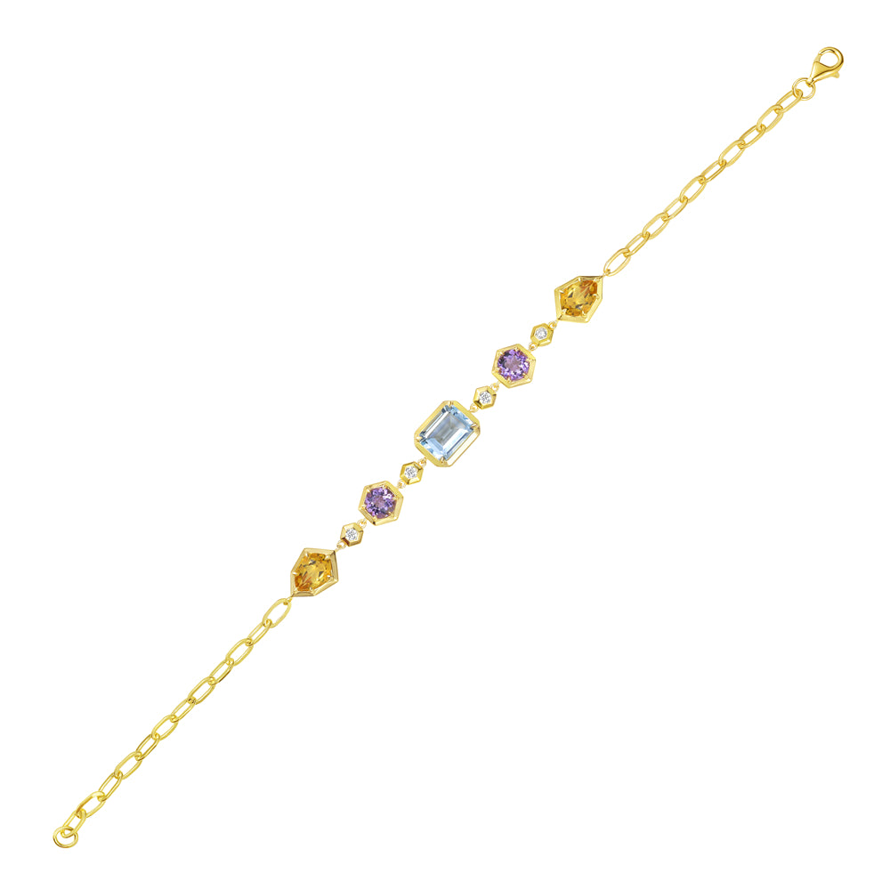 14KY bangle bracelet with 1 smokey topaz 2.03ct, 2 citrines 1.34ct tw, 2 amethysts 0.92ct tw, and 4 diamonds 0.14 ct tw 5.5