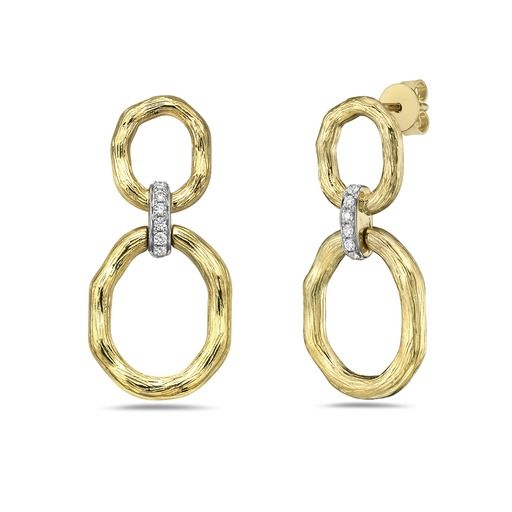 14K DANGLE GOLD EARRINGS. 2 ROUND GOLD LINKS CONNECTED WITH 12 DIAMOND BARS 0.11CT