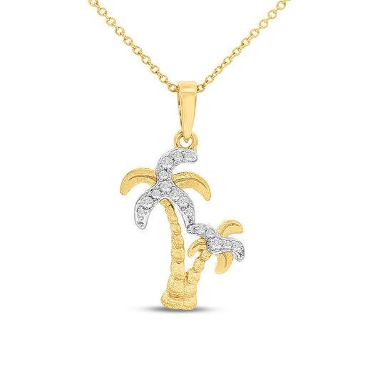 Gold plated sterling silver dual palm trees pendant with cubic zirconia