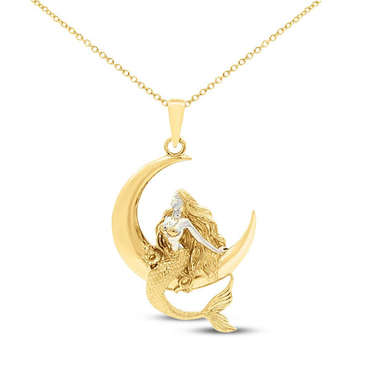 Sterling silver pendant of mermaid sitting on a quarter moon