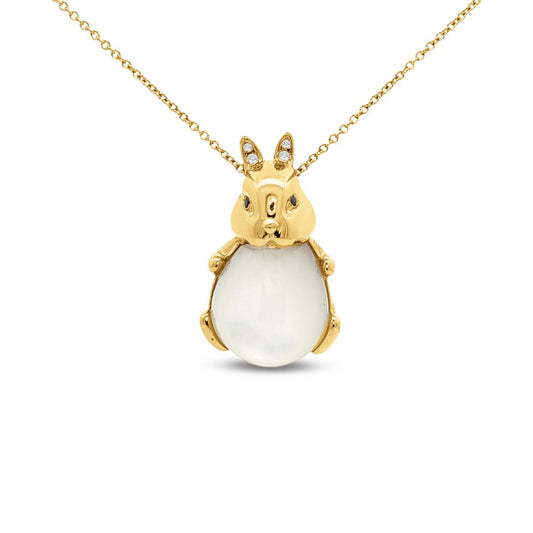 14k 22x12.5mm mother of pearl bunny pendant with 2 diamonds 0.02ct & 2 black diamonds 0.002ct on 18 inches chain