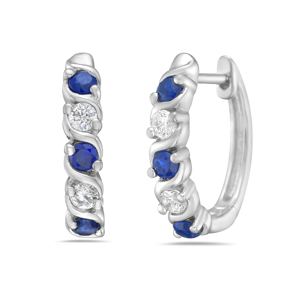 14K HOOP EARRINGS 4 DIAMONDS 0.24C & 6 SAPPHIRES 0.90C