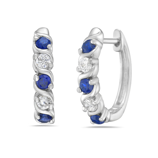 14K HOOP EARRINGS 4 DIAMONDS 0.24C & 6 SAPPHIRES 0.90C