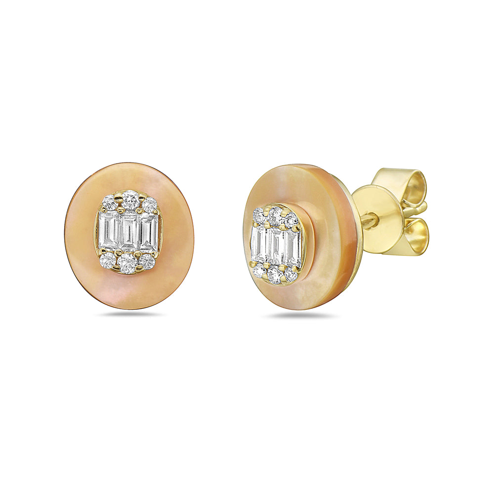 14K YELLOW MOTHER OF PEARL STUD EARRINGS WITH 18 DIAMONDS 0.133CT AND 6 BAGUETTE DIAMONDS