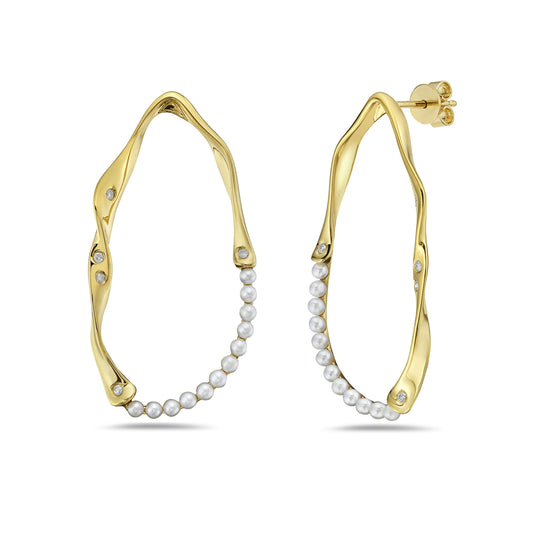 14K FREE FORM HOOP WITH 10 DIAMONDS 0.09CT & 24 FRESH WATER PEARLS, 39X20MM