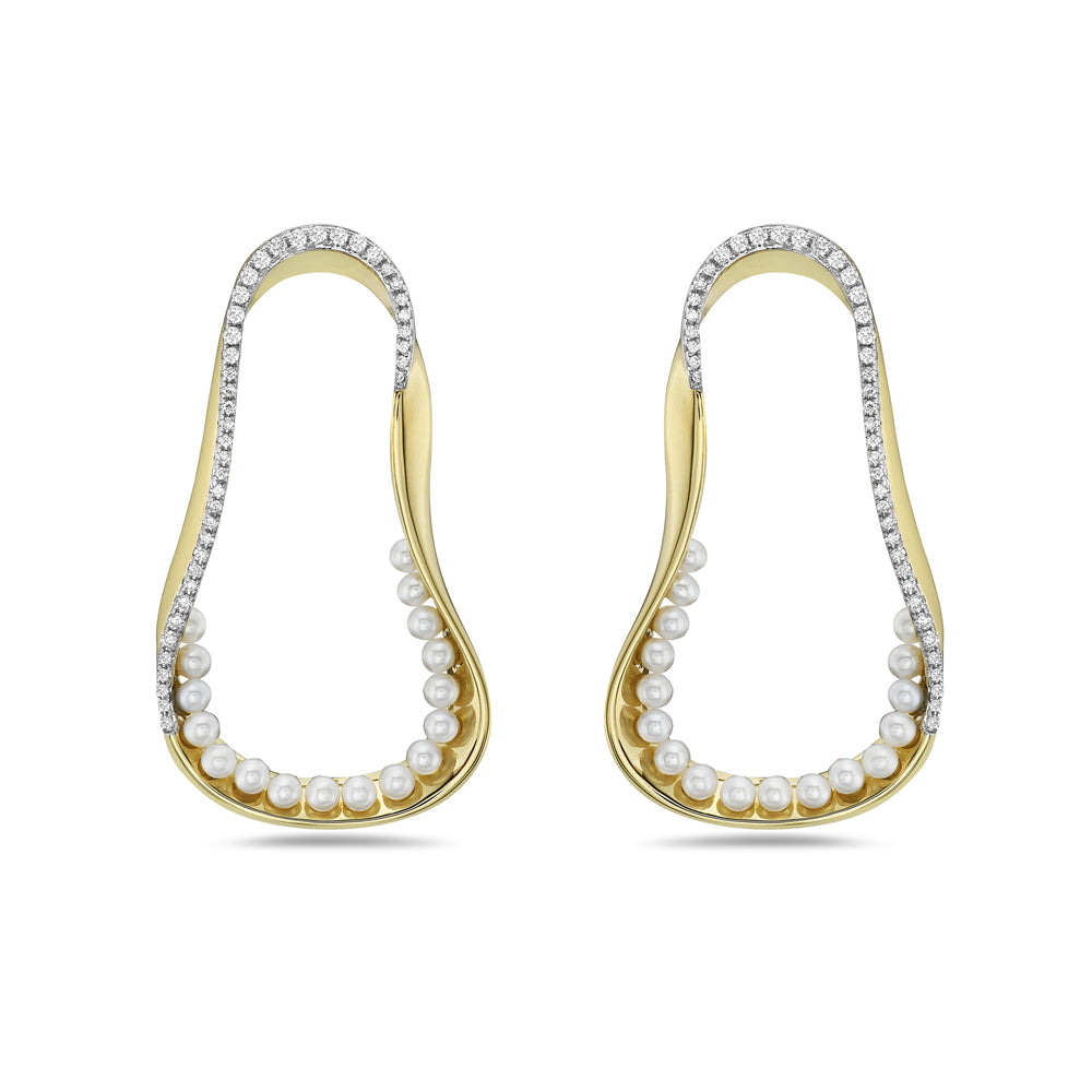 14K FREE FORM EARRINGS WITH 84 DIAMONDS 0.38CT & 34 FRESH WATER PEARLS, 39X20MM