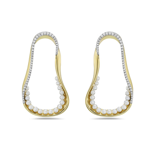 14K 39X20MM FREE FORM EARRINGS WITH 84 DIAMONDS 0.38CT & 34 FRESH WATER PEARLS