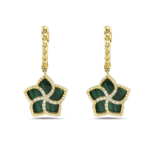 14K DANGLING MALACHITE FLOWER EARRINGS WITH 32 DIAMONDS 0.10CT, 25MM