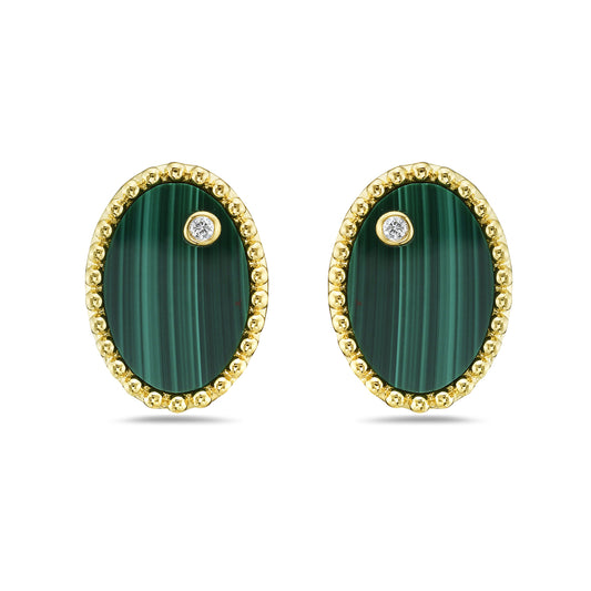 14K OVAL MALACHITE EARRINGS WITH 2 DIAMONDS 0.02CT, 13X9MM