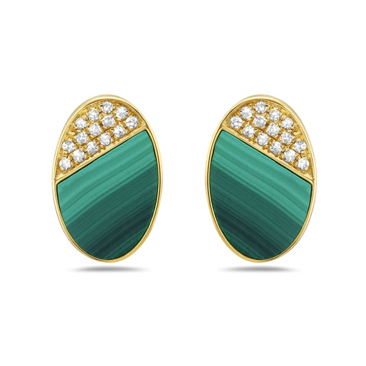 14K OVAL MALACHITE EARRINGS WITH 28 DIAMONDS 0.09CT, 12X8MM