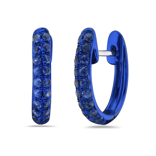 14K HOOP EARRING WITH 36 ROUND BLUE SAPPHIRES 0.86CT IN BLUE ELECTRO PLATING, 17X13MM