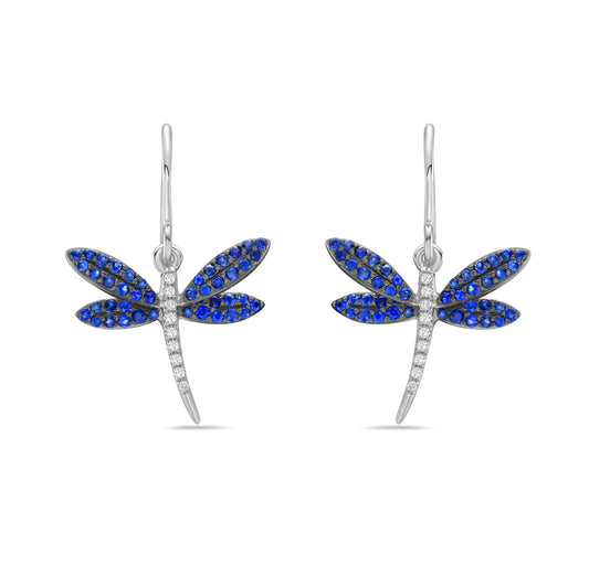 14KW 18 DIAMONDS 0.05CT, 84 SAPPHIRES 0.46CT DRAGON FLY EARRINGS