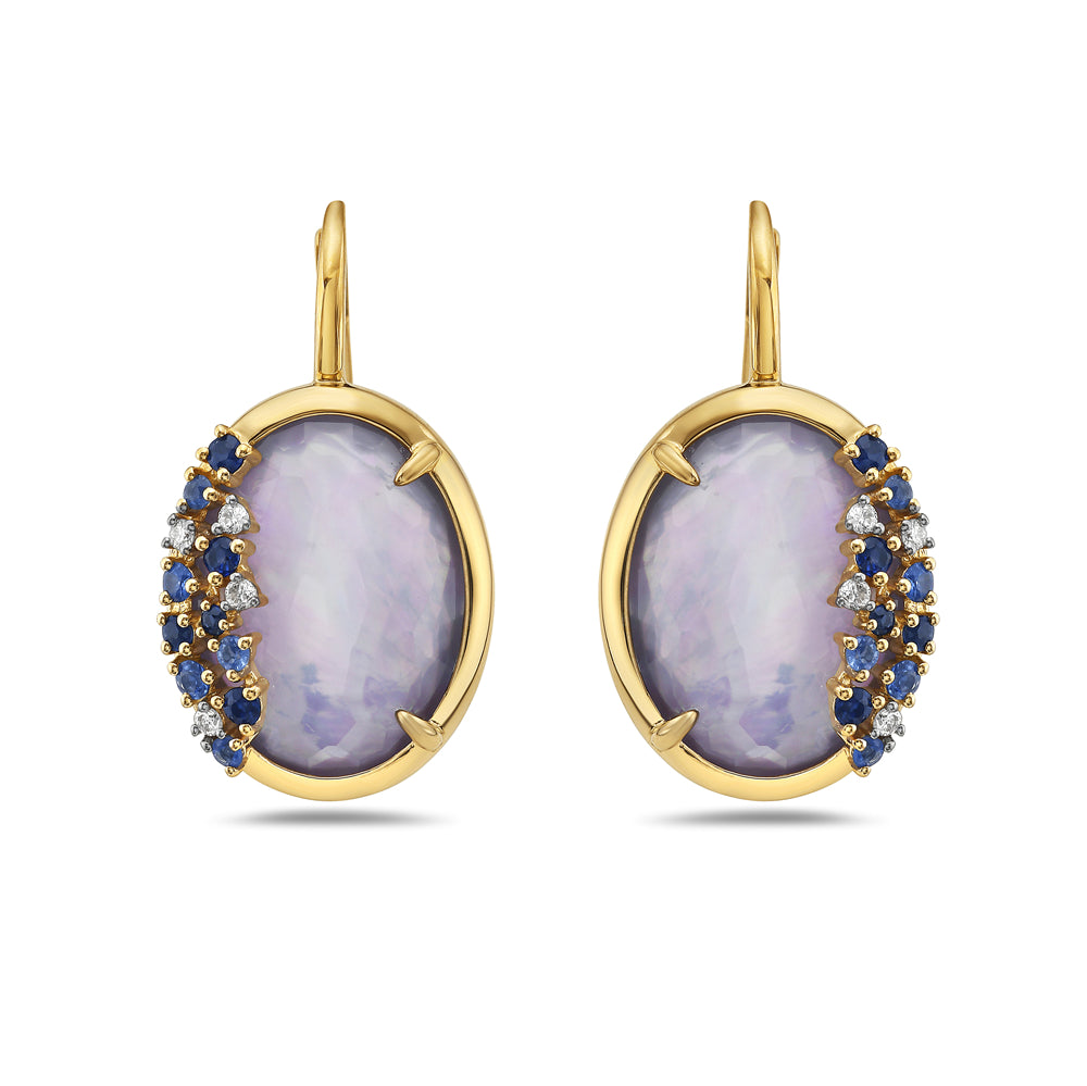 14K OVAL WIRE TRIPLET EARRINGS.  FLAT LAPIS, MOTHER OF PEARL IN THE MIDDLE AND FACETED LIGHT AMETHYST. WITH ACCENTS OF DIAMONDS AND SAPPHIRES