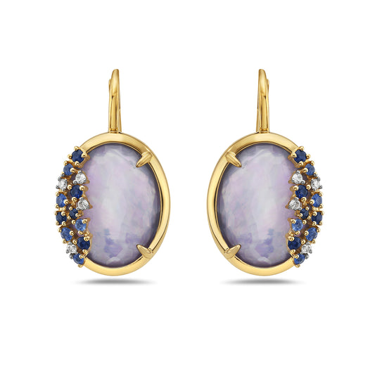 14K OVAL WIRE TRIPLET EARRINGS. FLAT LAPIS, MOTHER OF PEARL IN THE MIDDLE AND FACETED LIGHT AMETHYST. WITH ACCENTS OF DIAMONDS AND SAPPHIRES
