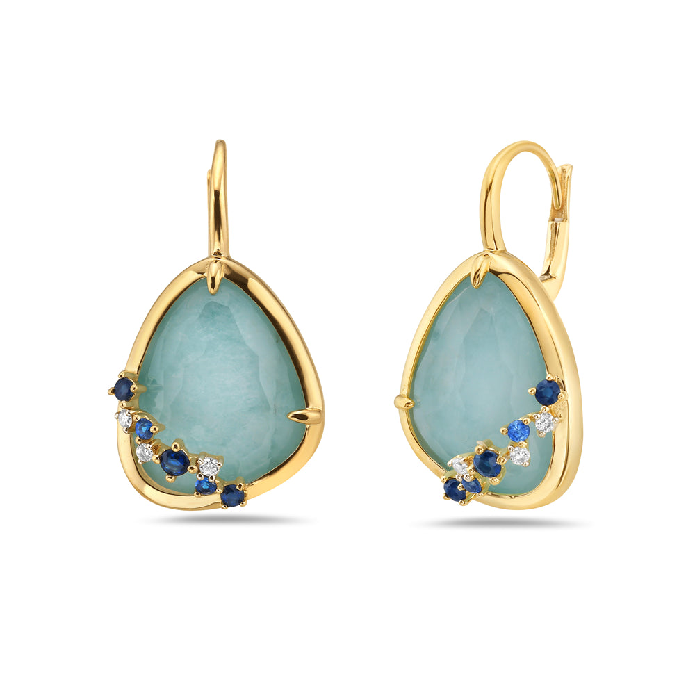 14KY 6 DIAMONDS 0.070CT, 2 AMAZONITE, 6 BLUE SAPPHIRE 0.36CT, 2 CRYSTAL DOUBLET AND TRIPLETS EARRINGS