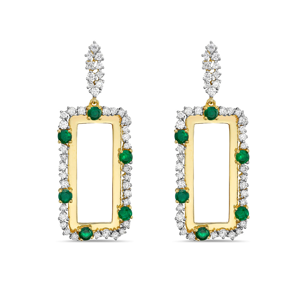 14K RECTANGULAR SHAPE EARRINGS WITH 12 ROUND EMERALDS 0.93CT & 82 DIAMONDS 0.98CT