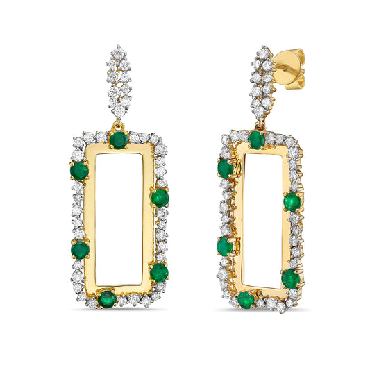 14K RECTANGULAR SHAPE EARRINGS WITH 12 ROUND EMERALDS 0.93CT & 82 DIAMONDS 0.98CT