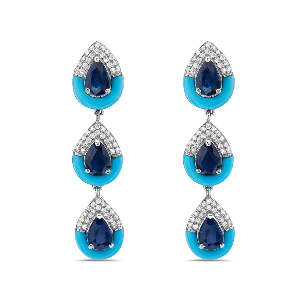 14K 37X8MM DROP EARRINGS WITH 120 DIAMONDS 0.36CT, 6 PEAR SHAPE SAPPHIRES 2.82CT & REC TURQUOISE