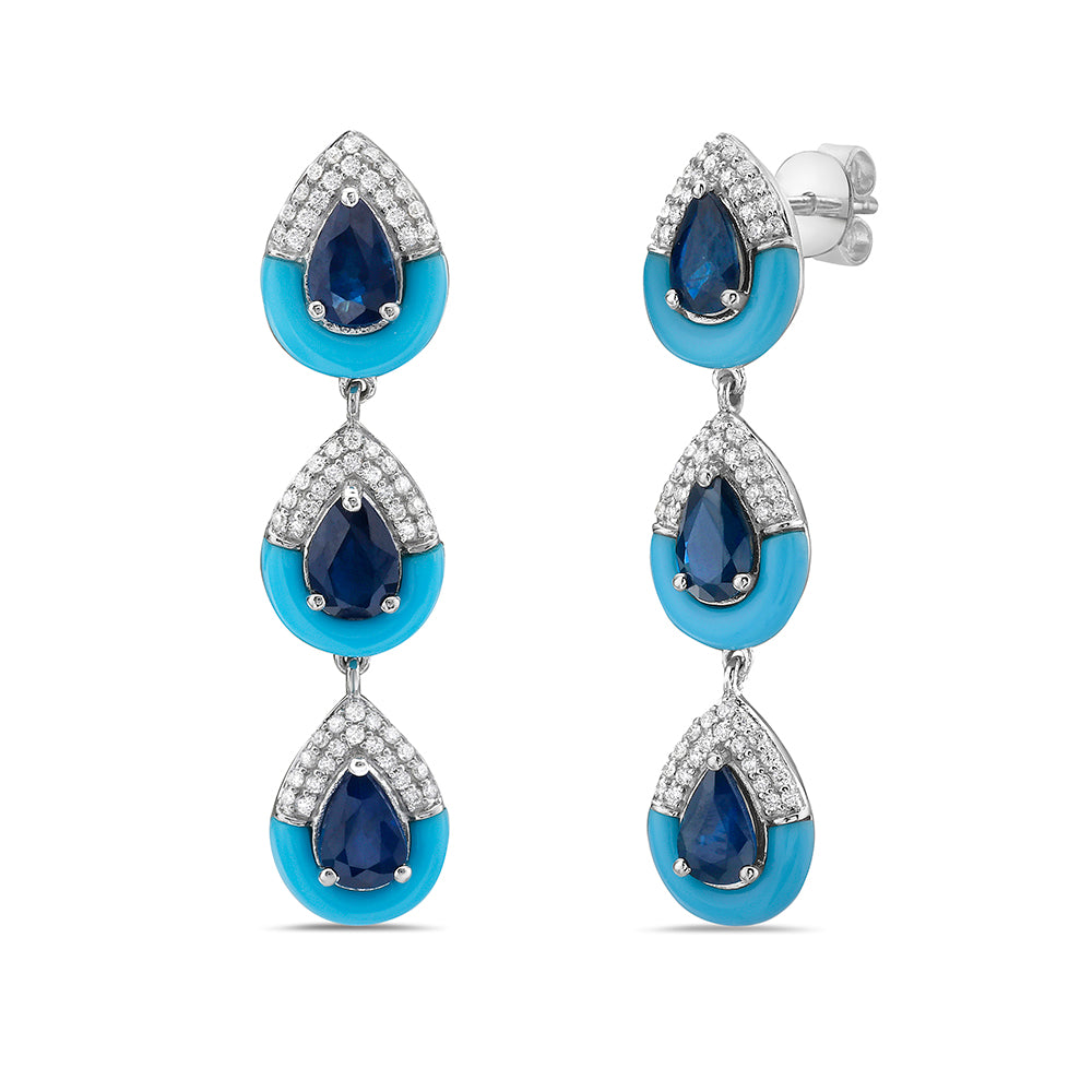 14K 37X8MM DROP EARRINGS WITH 120 DIAMONDS 0.36CT, 6 PEAR SHAPE SAPPHIRES 2.82CT & REC TURQUOISE