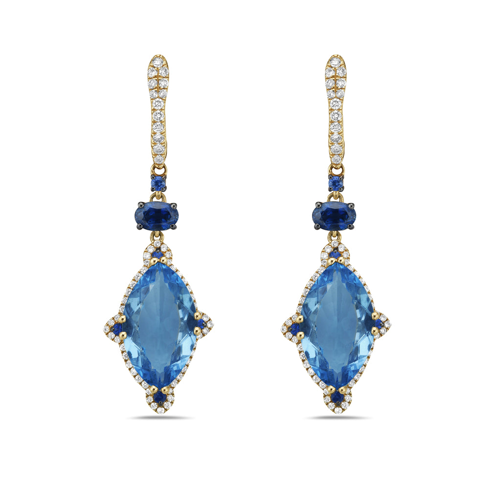 14K 47X15MM DROP EARRINGS WITH 122 DIAMONDS 0.74CT, 2 BLUE TOPAZ 14.13CT & 12 SAPPHIRES 1.38CT