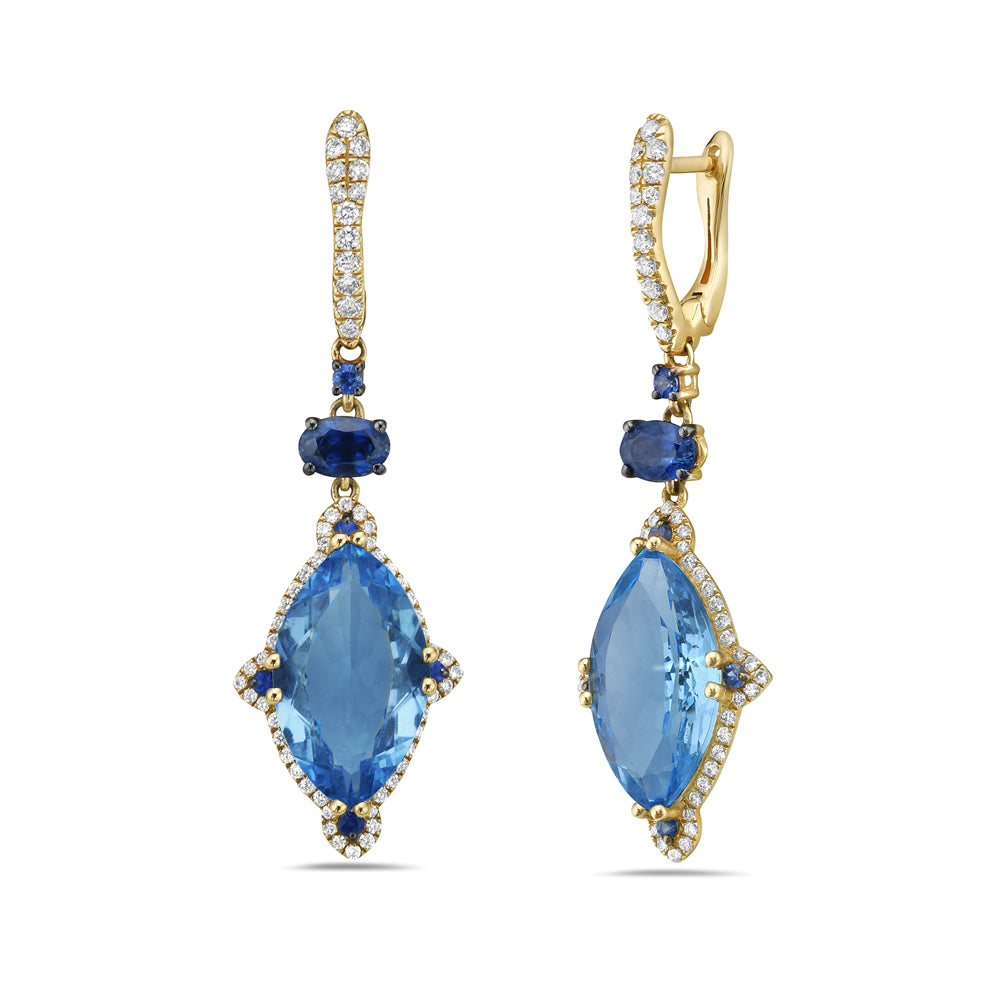 14K 47X15MM DROP EARRINGS WITH 122 DIAMONDS 0.74CT, 2 BLUE TOPAZ 14.13CT & 12 SAPPHIRES 1.38CT