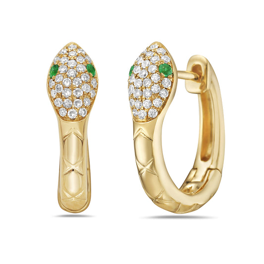 14k 19mm snake hoop earrings with 62 diamonds 0.21ct & 4 emeralds 0.06ct