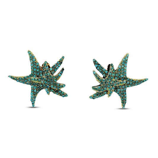 15mm 14K starfish earrings with blue diamonds 0.36ct