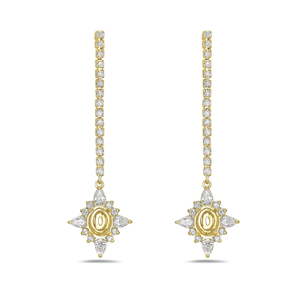 14k 15mm long semi-mount drop earrings with 46 round diamonds 0.49ct & 8 pear shape 0.50ct t.w. 0.99ct