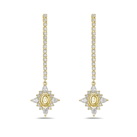 14k 15mm long semi-mount drop earrings with 46 round diamonds 0.49ct & 8 pear shape 0.50ct t.w. 0.99ct