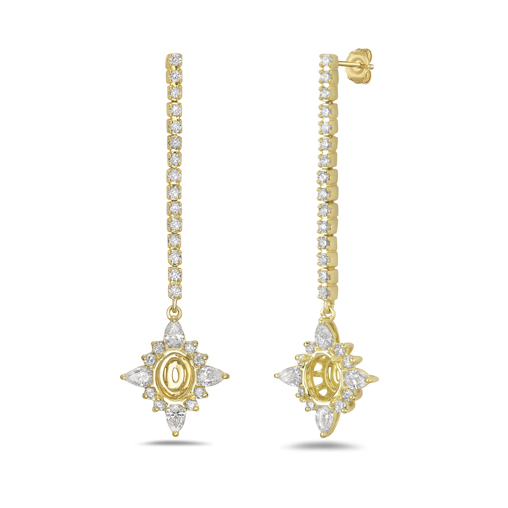 14k 15mm long semi-mount drop earrings with 46 round diamonds 0.49ct & 8 pear shape 0.50ct t.w. 0.99ct