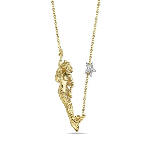 14K TWO TONE NECKLACE WITH YELLOW MERMAID PENDANT AND STARFISH ON CHAIN. WITH 20 DIAMONDS 0.090CT ON 18 INCHES CABLE CHAIN