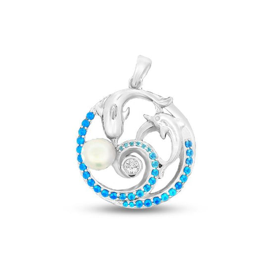 23mm round sterling silver pendant with dolphin on a wave with faux pearl and blue stones and cz