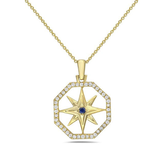 14k 16mm hexagon shape compass pendant with 1 sapphire 0.03ct & 40 diamonds 0.23ct on 18 inches cable chain