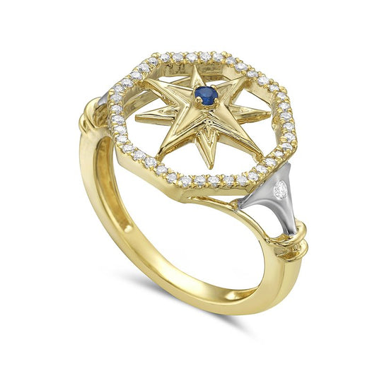 14k 14.5mm hexagon shape compass ring with 1 sapphire 0.03ct & 42 diamonds 0.26ct