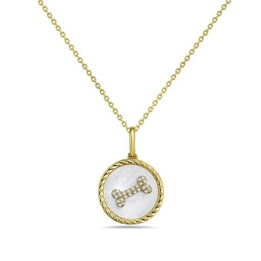 14K DOG BONE DISK PENDANT WITH 24 DIAMONDS 0.06CT & MOTHER OF PEARL ON 18 INCHES CHAIN, 13MM