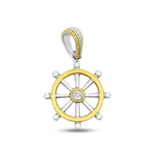29mm x 19mm Sterling silver w/ gold plate ship's wheel with cz center