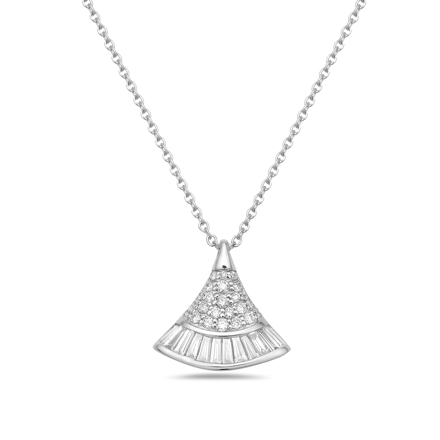 14K HAND-HELD FAN SHAPED PENDANT WITH 24 DIAMONDS 0.50CT AND 12 TAPER DIAMONDS 1CT ON 18 INCHES CHAIN
