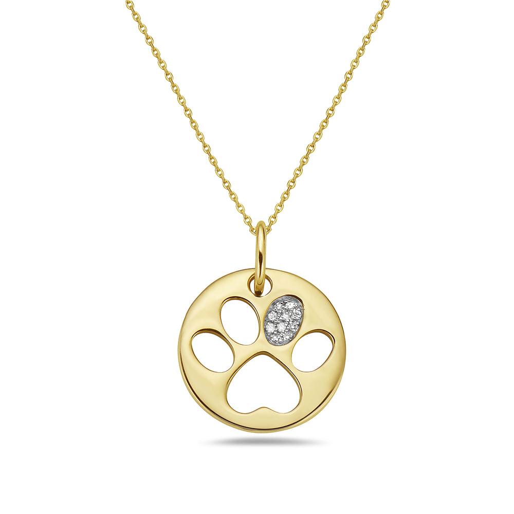 14K BABY DOG PAW NECKLACE WITH 10 DIAMONDS 0.03CT PLACED ON ONE TOE. 18 INCHES CABLE CHAIN