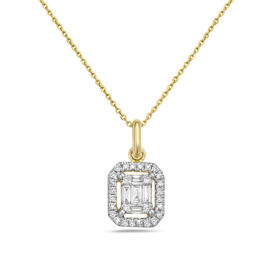 14K SQUARE SHAPED PENDANT WITH 28 DIAMONDS 0.1CT AND 5 BAGUETTE DIAMONDS 0.12CT ON 18 INCHES CHAIN