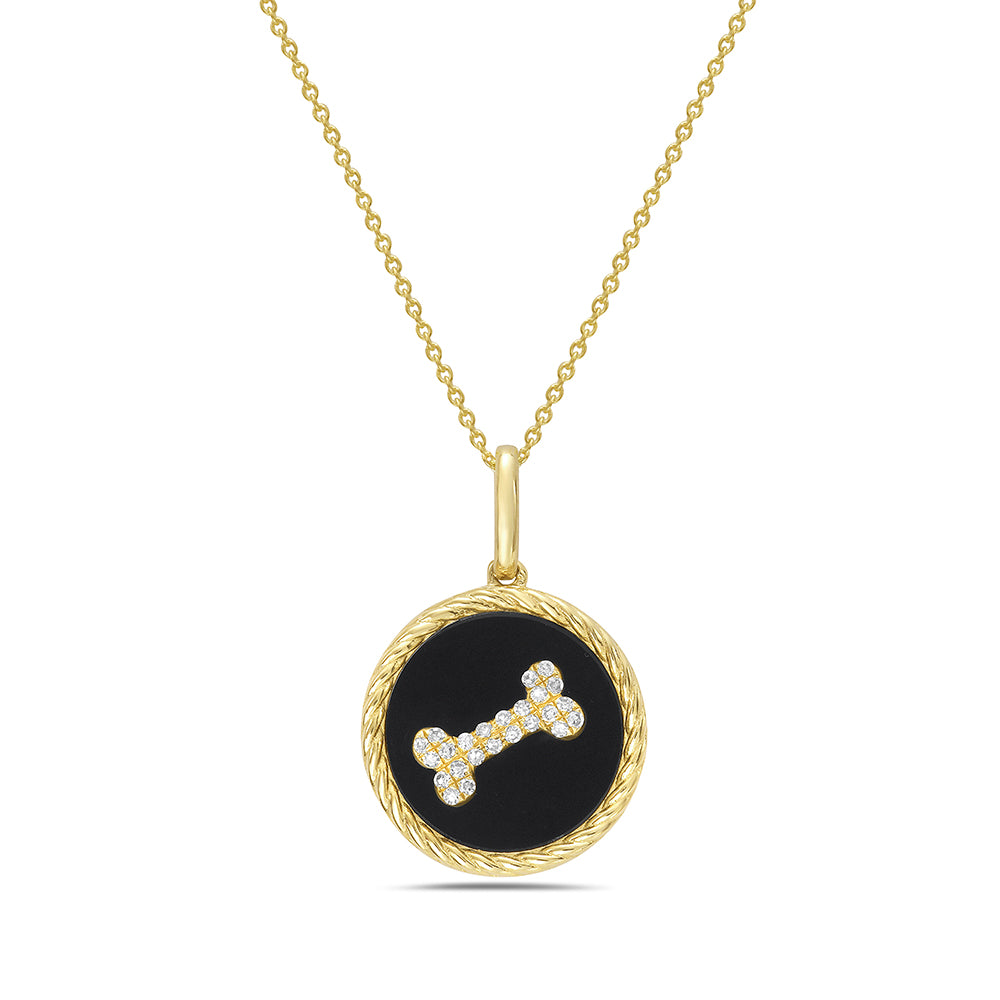 14K DOG BONE DISK PENDANT WITH 24 DIAMONDS 0.06CT & MOTHER OF PEARL ON 18 INCHES CHAIN, 13MM 5.5