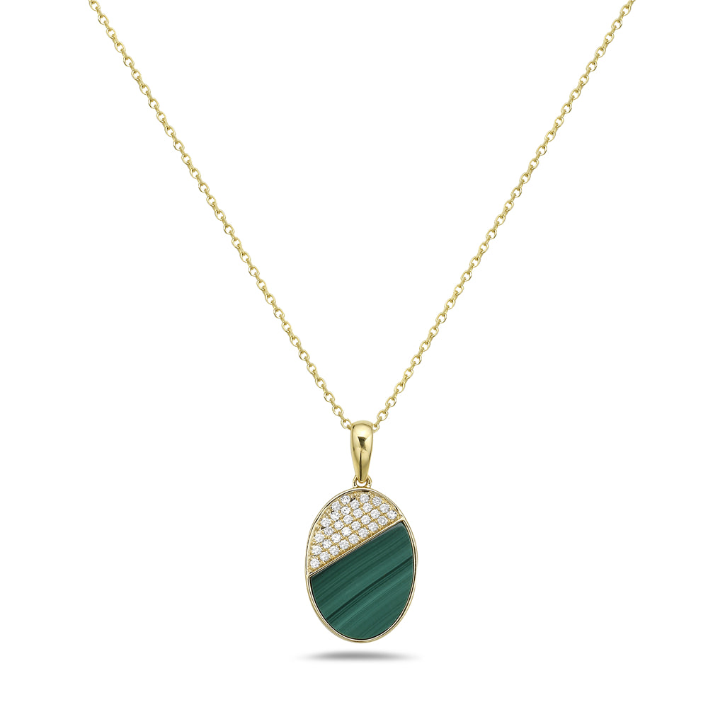 14K 15X11MM OVAL MALACHITE PENDANT WITH 31 DIAMONDS 0.10CT ON 18 INCHES CHAIN