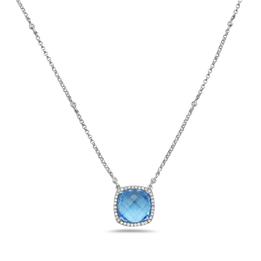 14K CUSHION PENDANT WITH 11.5MM CUSHION SKY BLUE TOPAZ 7.74CT & 42 DIAMONDS 0.22CT ON 18 INCHES CABLE CHAIN