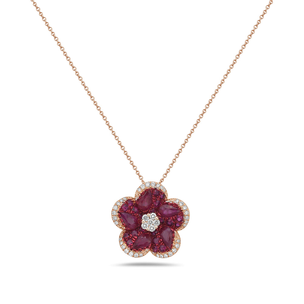 14K FLOWER PENDANT WITH 25 PINK SAPPHIRES 1.79CT AND 41 DIAMONDS 0.23CT ON 18 INCHES CABLE CHAIN