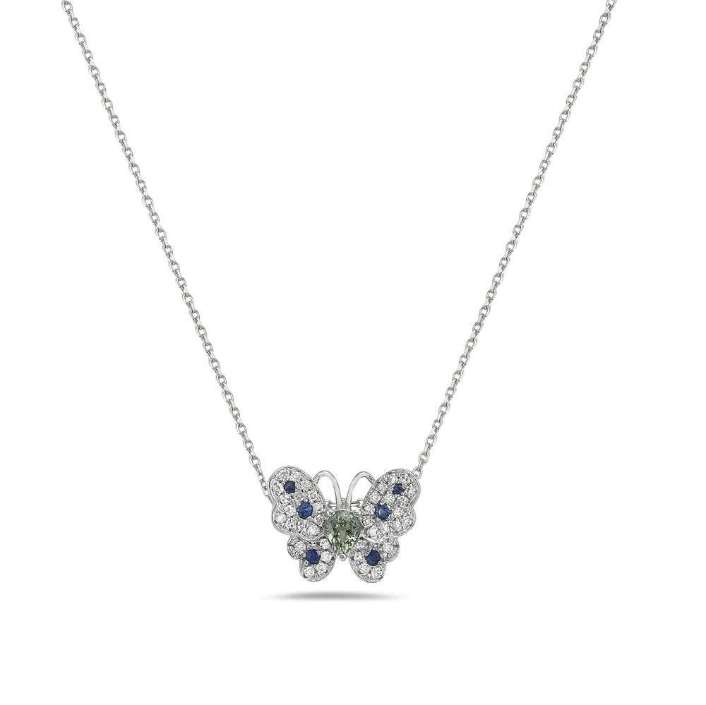 14K BUTTERFLY PENDANT WITH 7 FANCY SAPPHIRES 0.30CT & 40 DIAMONDS 0.15CT, 13X11 ON 18 INCHES CABLE CHAIN