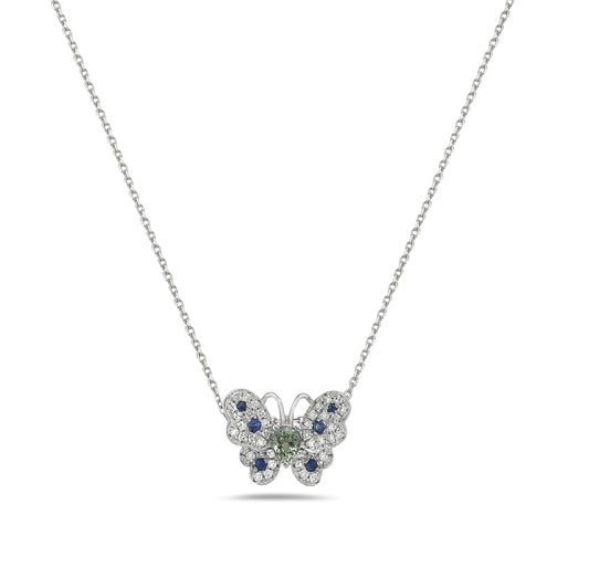 14K 13X11 BUTTERFLY PENDANT WITH 7 FANCY SAPPHIRES 0.30CT & 40 DIAMONDS 0.15CT ON 18 INCHES CHAIN