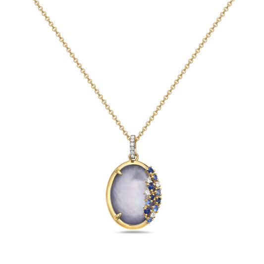 14K OVAL TRIPLET PENDANT. FLAT LAPIS, MOTHER OF PEARL IN THE MIDDLE AND FACETED LIGHT AMETHYST. WITH ACCENTS OF DIAMONDS AND SAPPHIRES ON 18 INCHES CABLE CHAIN