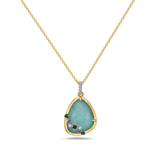 14K YELLOW GOLD, 17X15MM DOUBLET & TRIPLET PENDANT WITH 9 DIAMONDS 0.08CT, 1 AMAZONITE, 1 CRYSTAL & 5 BLUE SAPPHIRE 0.18CT ON 18 INCHES CHAIN