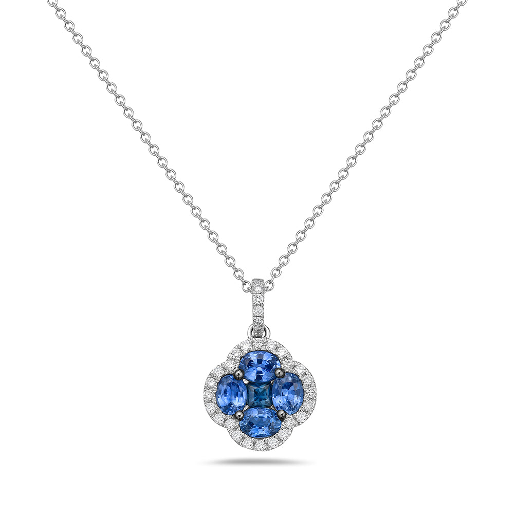 14K 11MM FLOWER PENDANT WITH 5 SAPPHIRES 1CT & 31 DIAMONDS 0.16CT ON 18 INCHES CHAIN