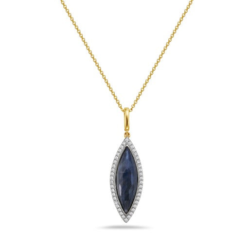 14K 22X9MM MARQUISE SHAPE BLUE LACE AGATE DOUBLET PENDANT WITH 42 DIAMONDS 0.18CT ON 18 INCHES 1.3G CABLE CHAIN