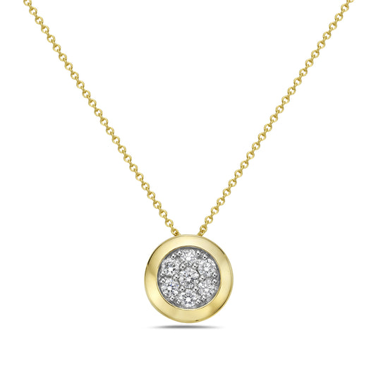 14K 10MM ROUND PENDANT WITH 7 DIAMONDS 0.25CT ON 18 INCHES CABLE CHAIN